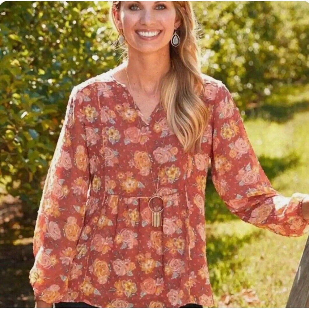 Matilda Jane Top Womens Size Large Wonderment Botanical Beauty Swiss Dot Lined